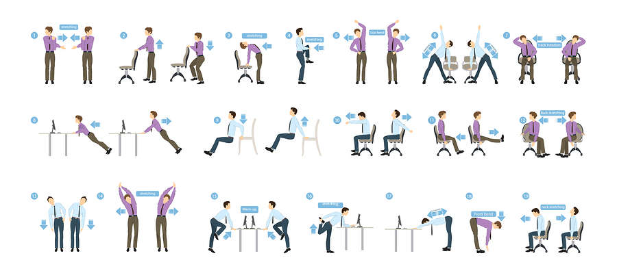 Poster of Sport exercises for office. Office yoga for tired employees with chair and table